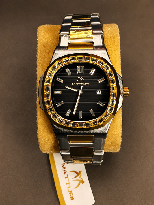 Matturi Diamond Bezel - Black Dial & Two-Tone Stainless Steel Chain